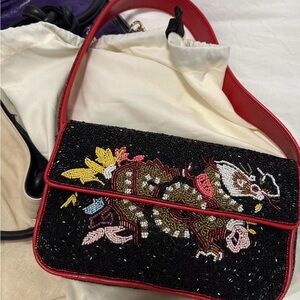STAUD Black and Red Embroidered Shoulder Bag